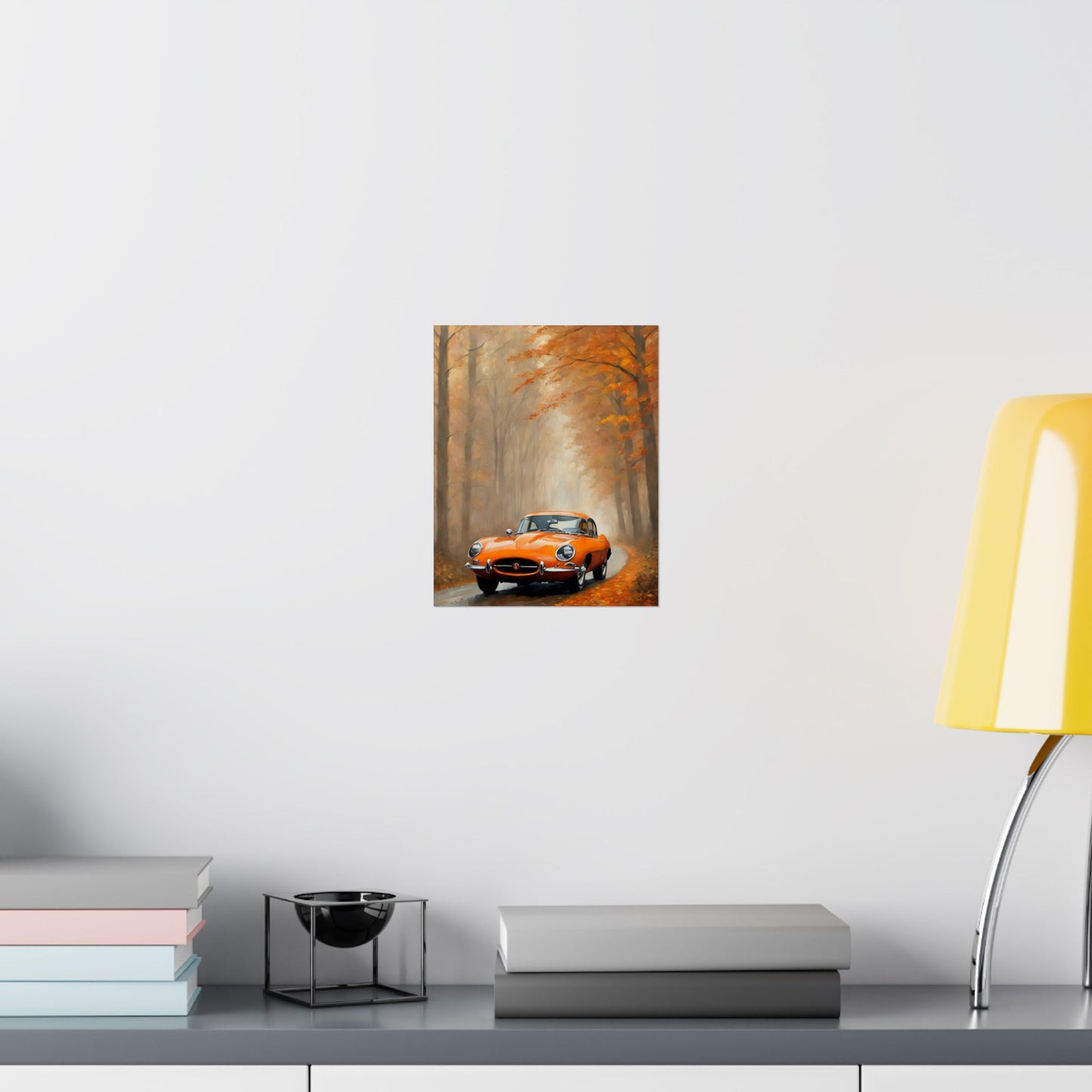 Retro Car Autumn Matte Vertical Posters featuring an orange classic car in a fall setting