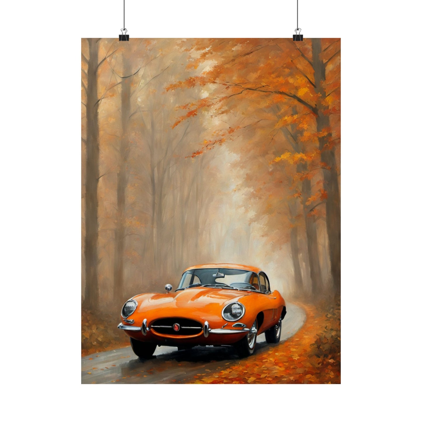Vintage Car Autumn Matte Vertical Posters featuring a classic orange car on a scenic autumn road