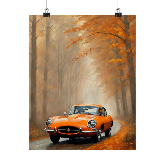 Vintage Car Autumn Matte Vertical Posters featuring an orange car in an autumn forest scene
