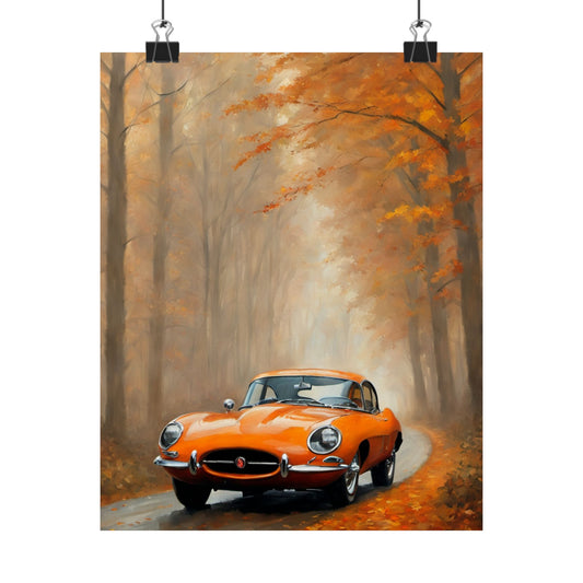 Vintage Car Autumn Matte Vertical Posters featuring an orange car on a scenic fall road