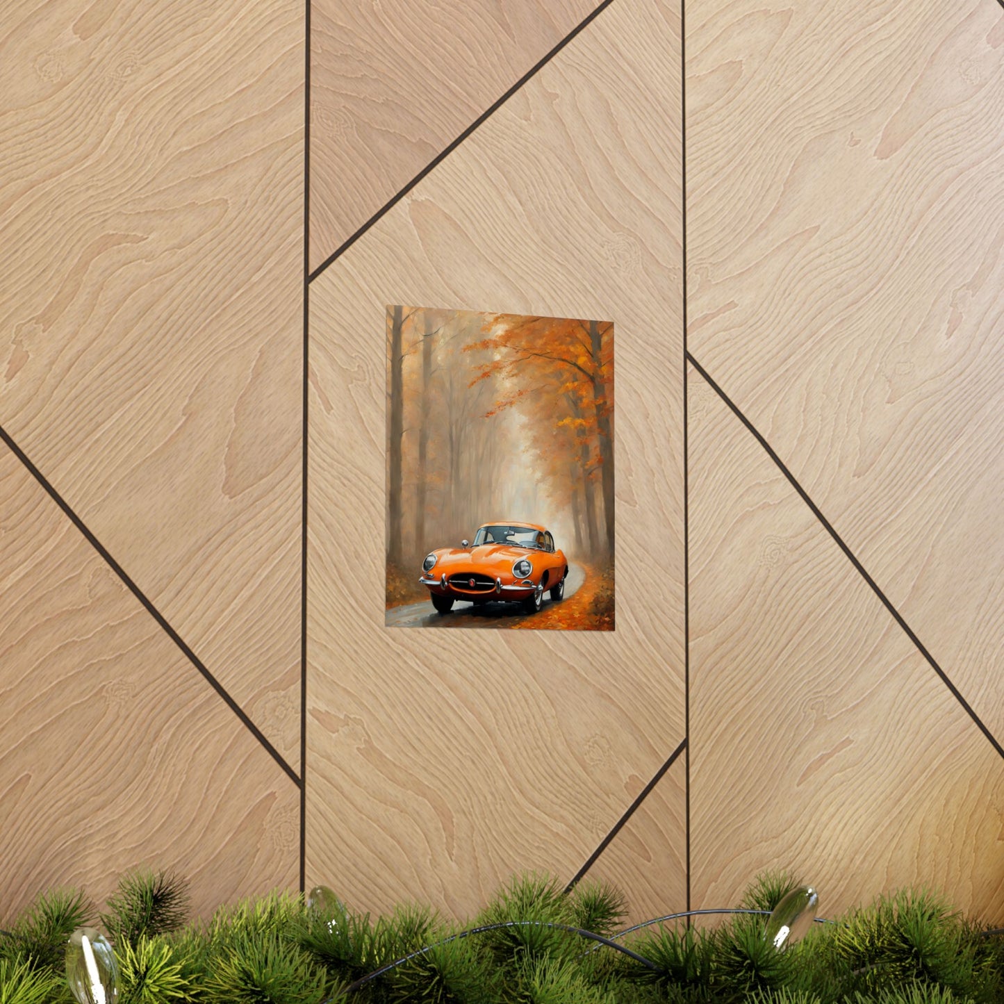 Vintage Car Autumn Matte Vertical Posters featuring an orange car in a scenic fall landscape