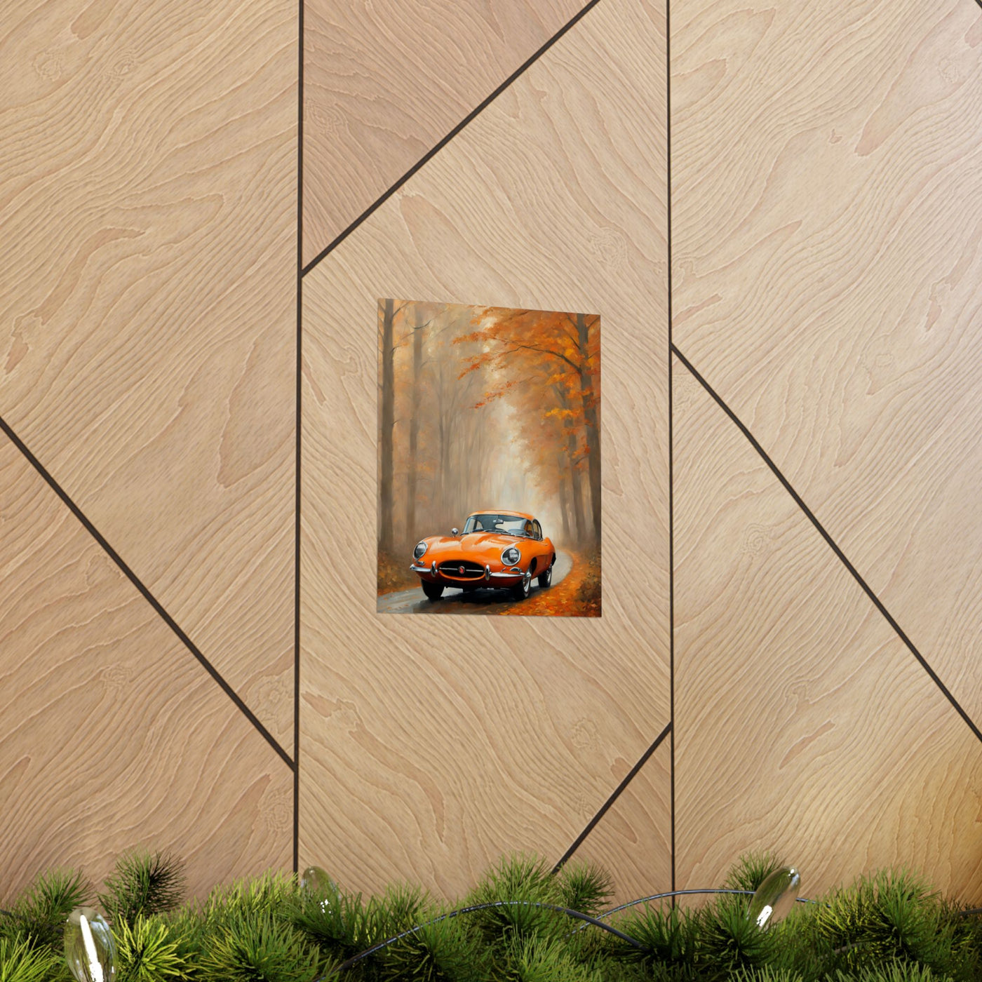 Vintage Car Autumn Matte Vertical Posters featuring an orange car in a scenic fall landscape