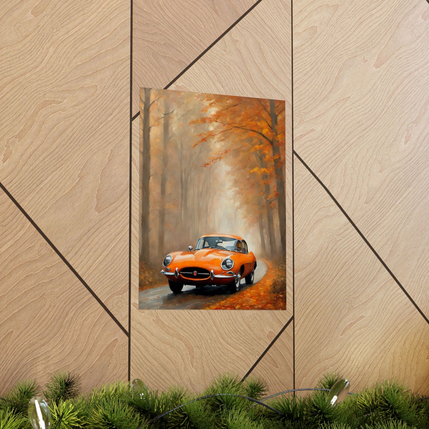 Vintage Car Autumn Matte Vertical Posters featuring an orange classic car on a scenic autumn road