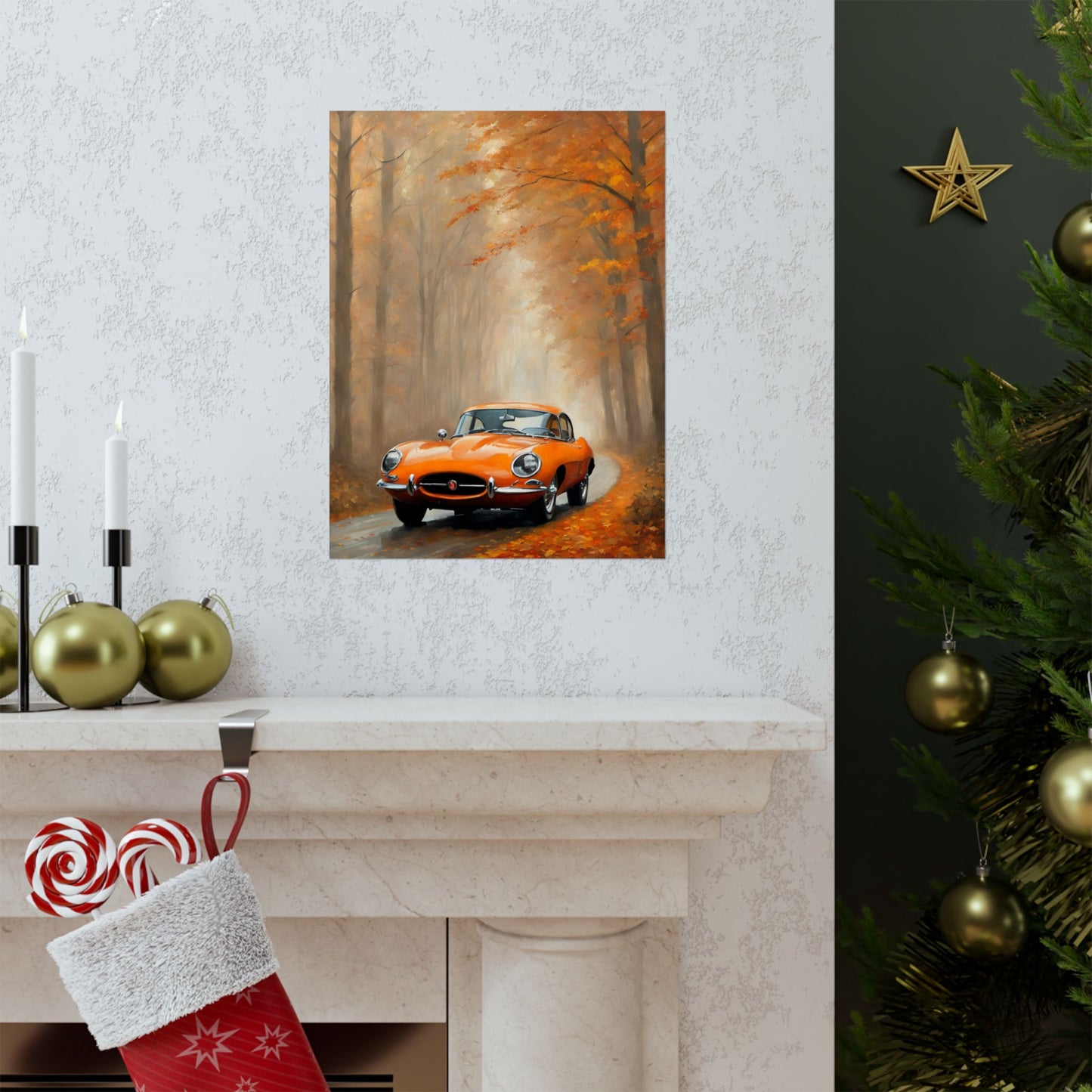 Vintage Car Autumn Matte Vertical Posters featuring a classic orange car in a foggy fall landscape
