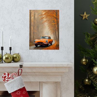 Vintage Car Autumn Matte Vertical Posters featuring a classic orange car in a foggy fall landscape