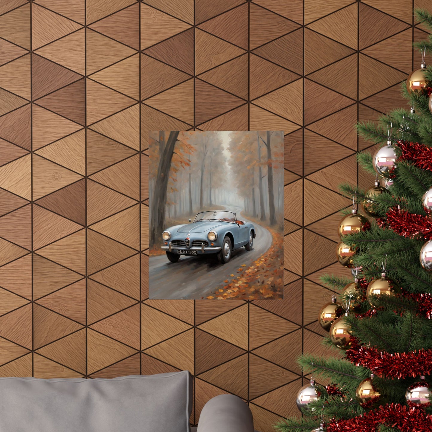 Vintage Car Autumn Poster featuring a classic blue car driving through a fall landscape