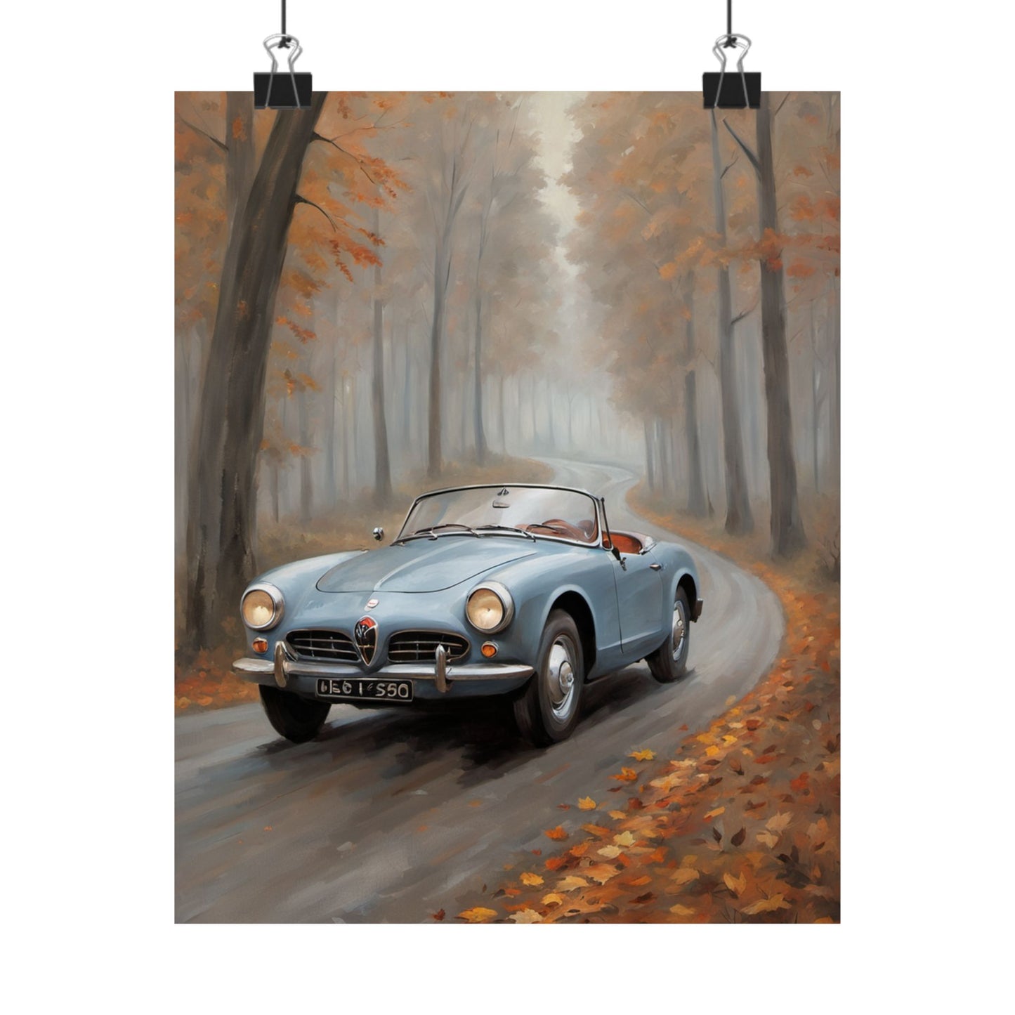 Vintage Car Autumn Poster featuring a classic blue car driving on a tree-lined road with fall foliage