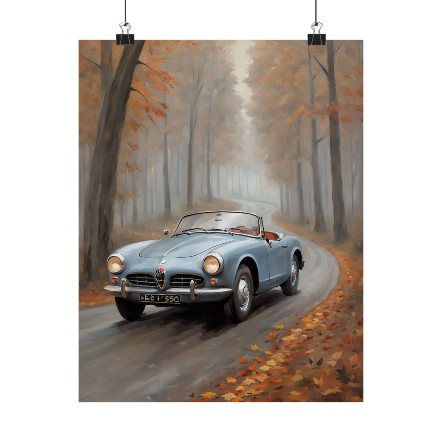 Vintage Car Autumn Poster featuring a classic blue convertible driving on a fall leaf-covered road
