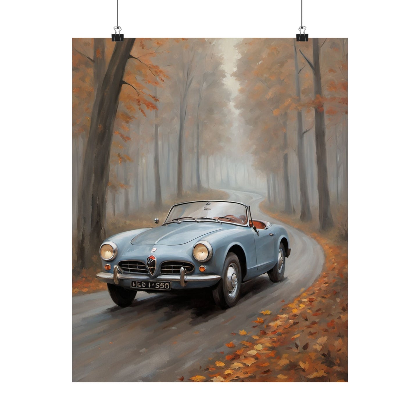 Vintage Car Autumn Poster featuring a blue convertible driving through a colorful fall forest