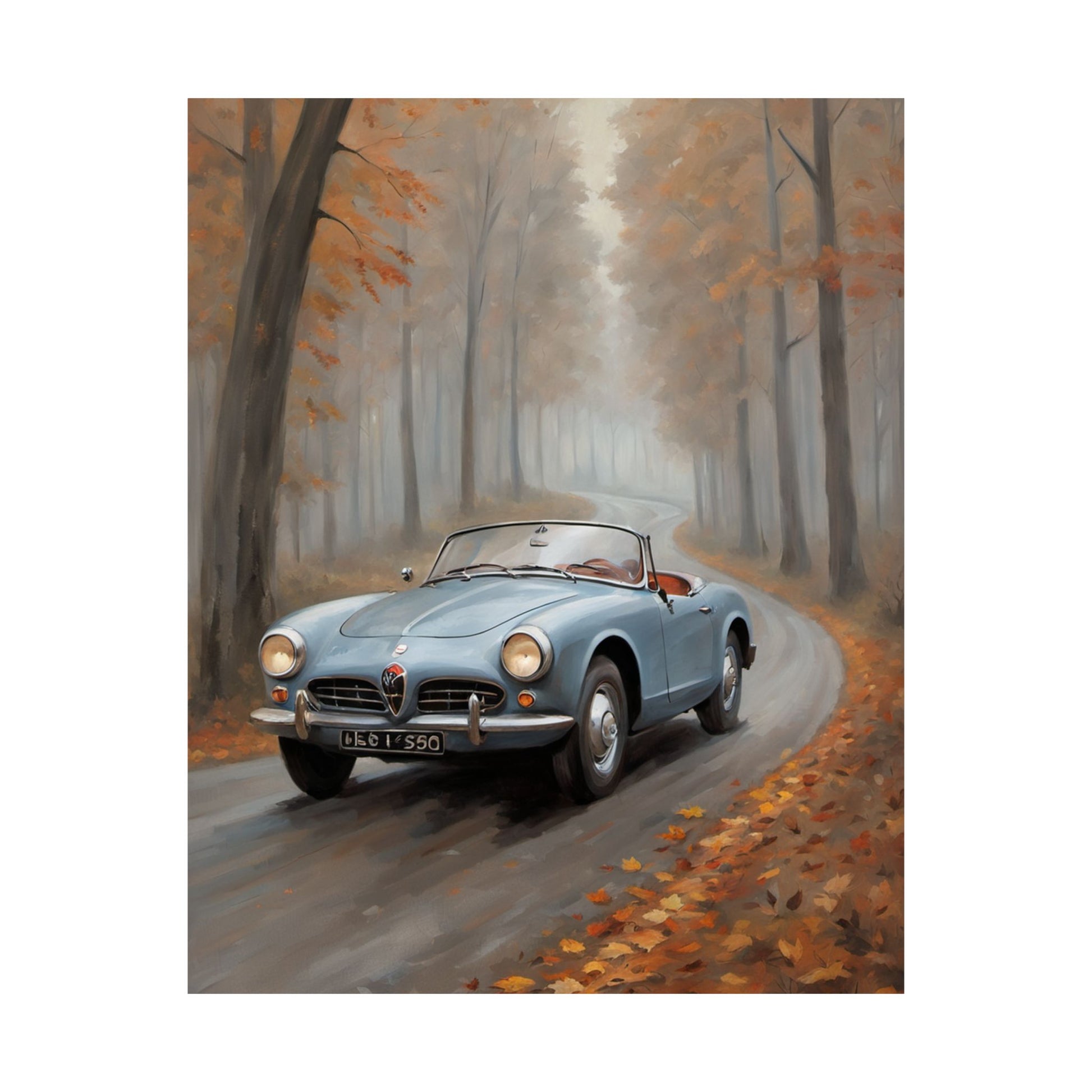 Vintage Car Autumn Poster featuring a light blue convertible on a misty tree-lined road