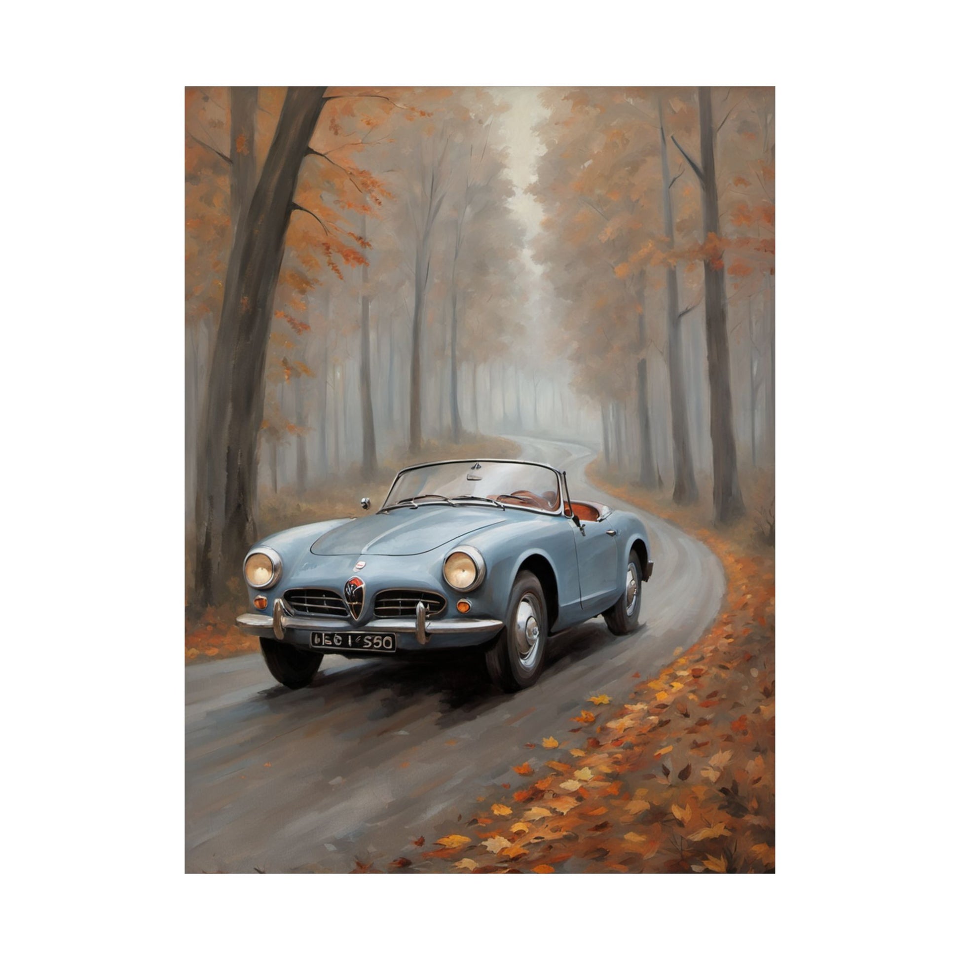 Vintage Car Autumn Poster featuring a classic blue convertible on a serene, foggy autumn road