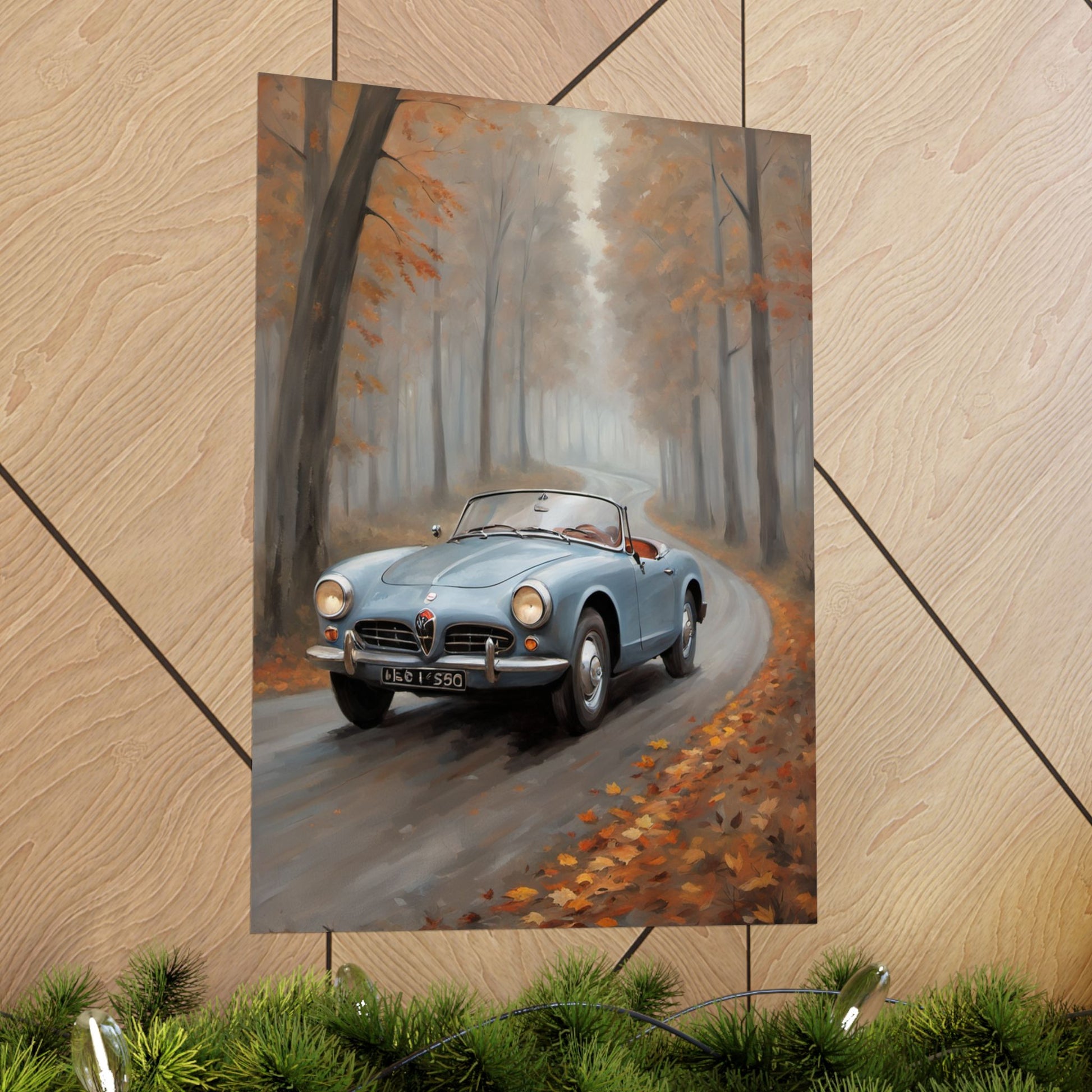 Vintage Car Autumn Poster featuring a nostalgic car driving through a scenic fall landscape