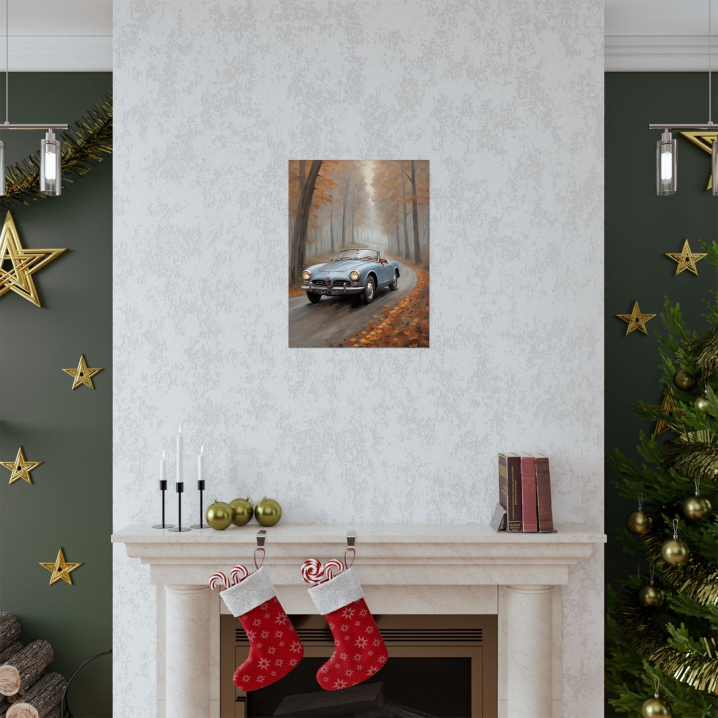 Vintage Car Autumn Poster displayed above a fireplace in a cozy living room setting