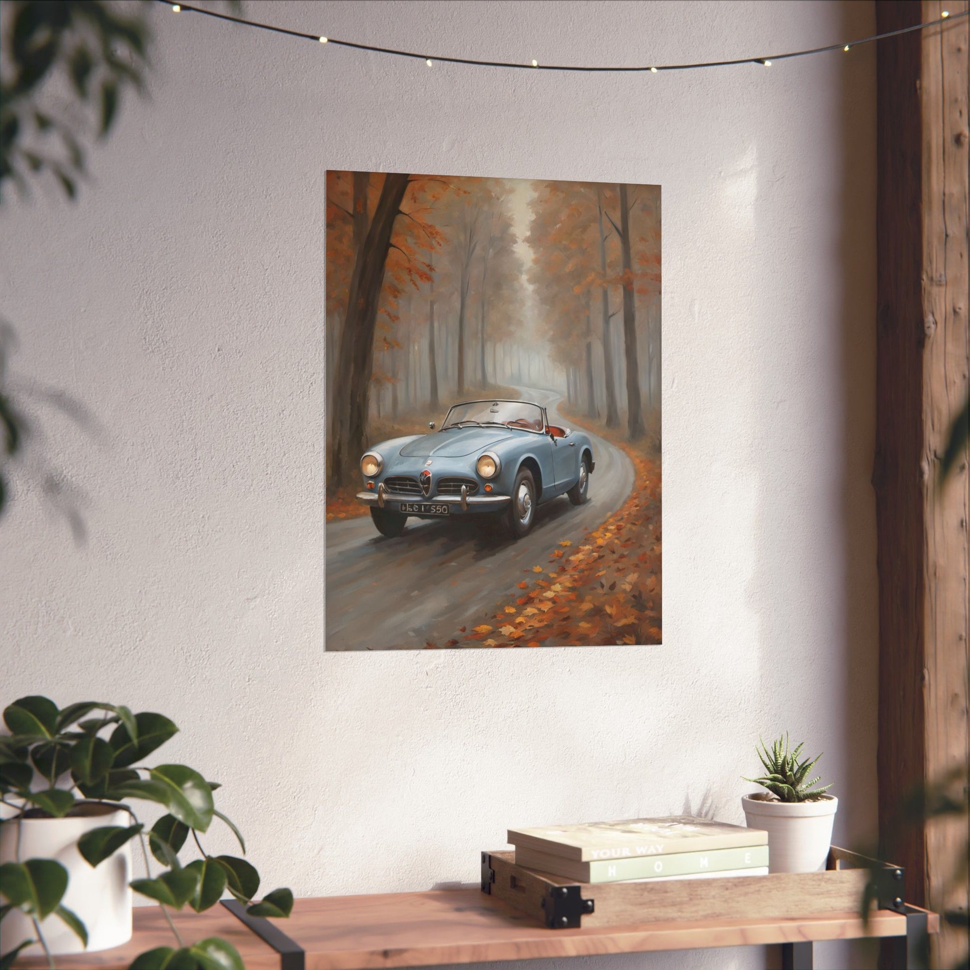 Vintage Car Autumn Poster featuring a classic car driving through a fall landscape with colorful leaves