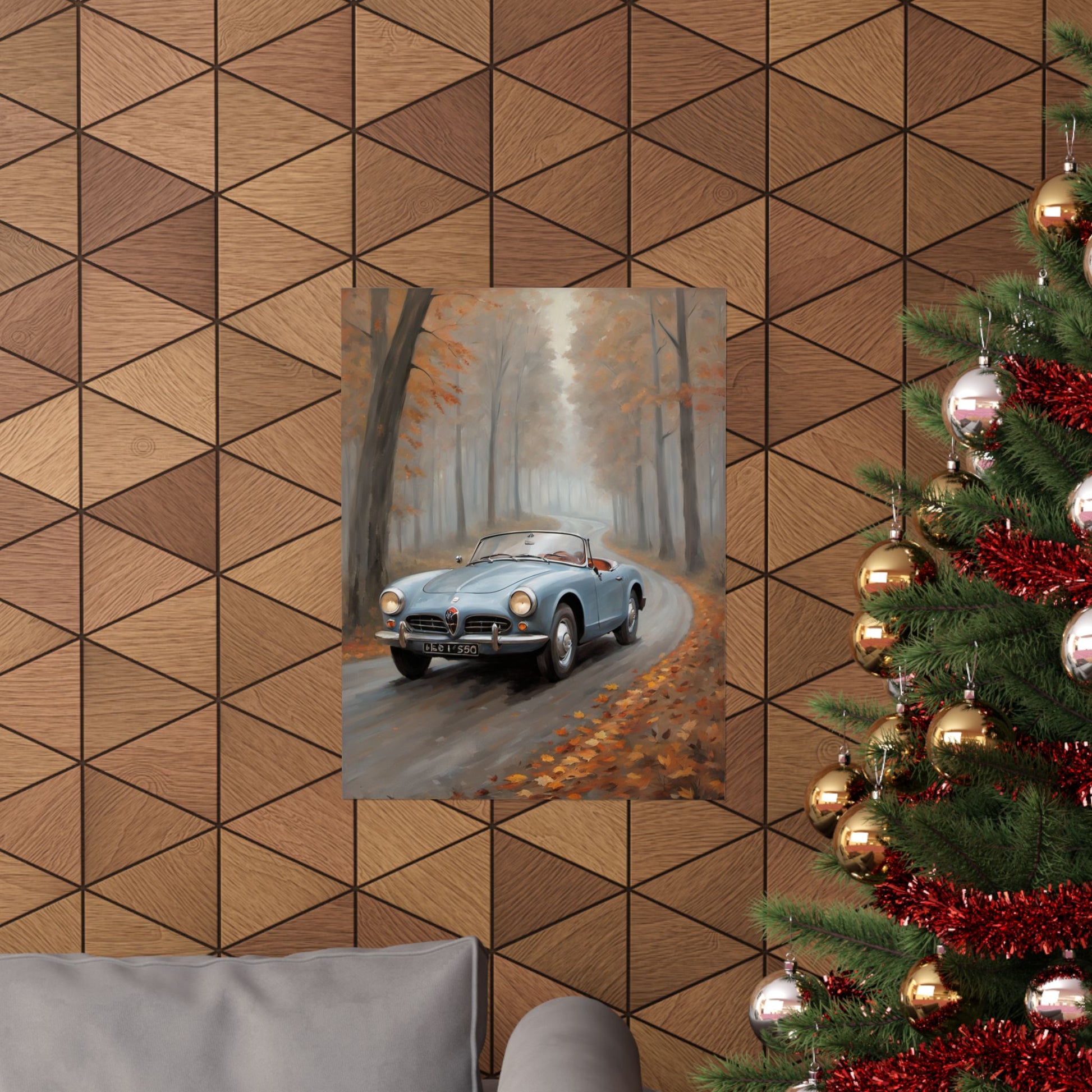 Vintage Car Autumn Poster showcasing a classic car on a foggy road with fall foliage