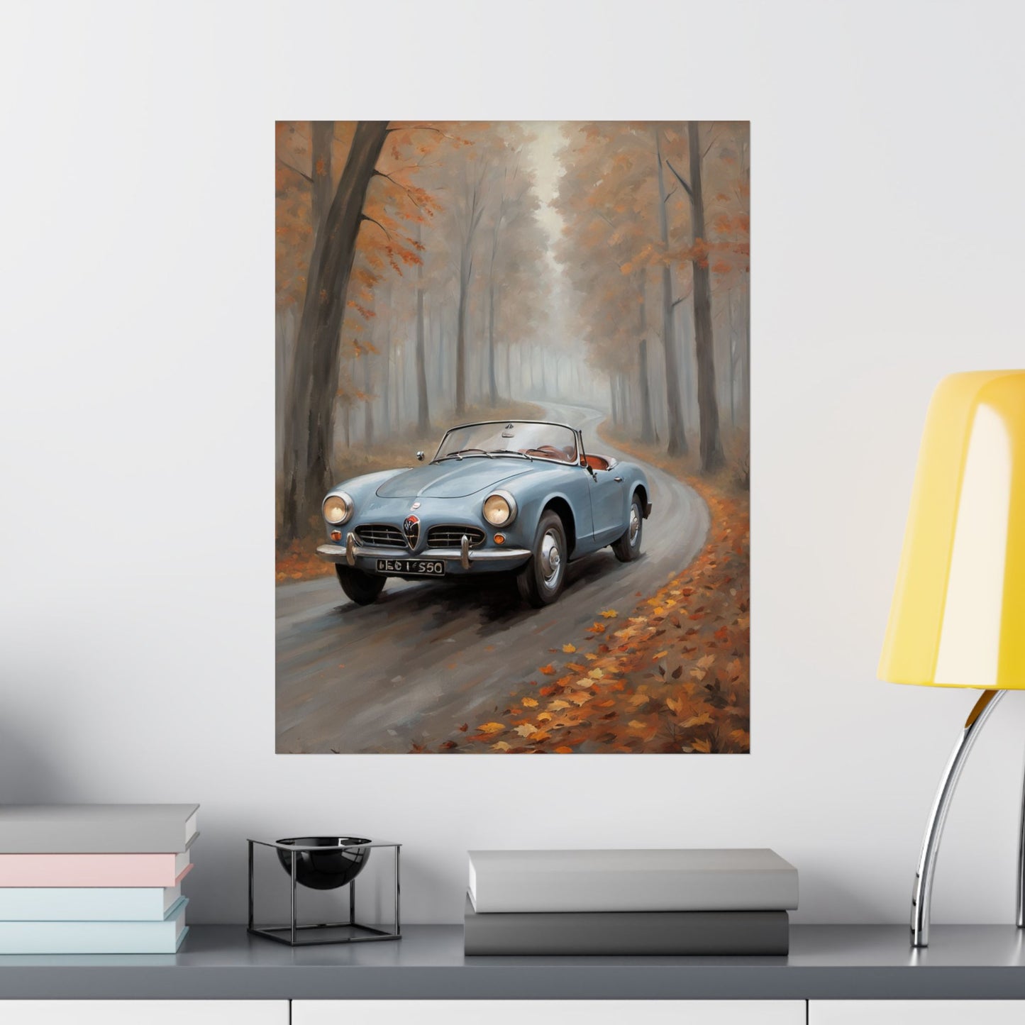 Vintage Car Autumn Poster featuring a classic car driving through a scenic fall landscape