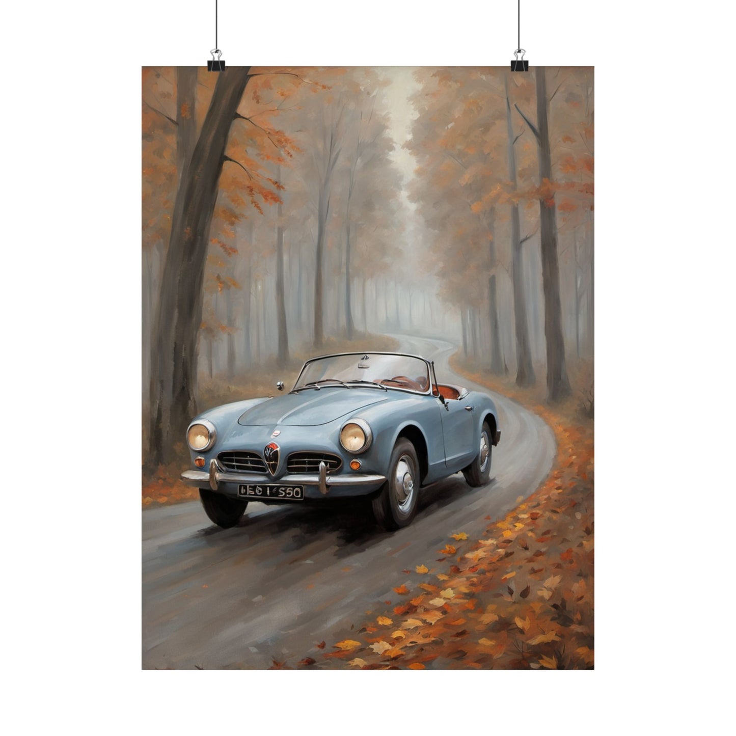 Vintage Car Autumn Poster featuring a classic blue convertible driving through a foggy autumn landscape