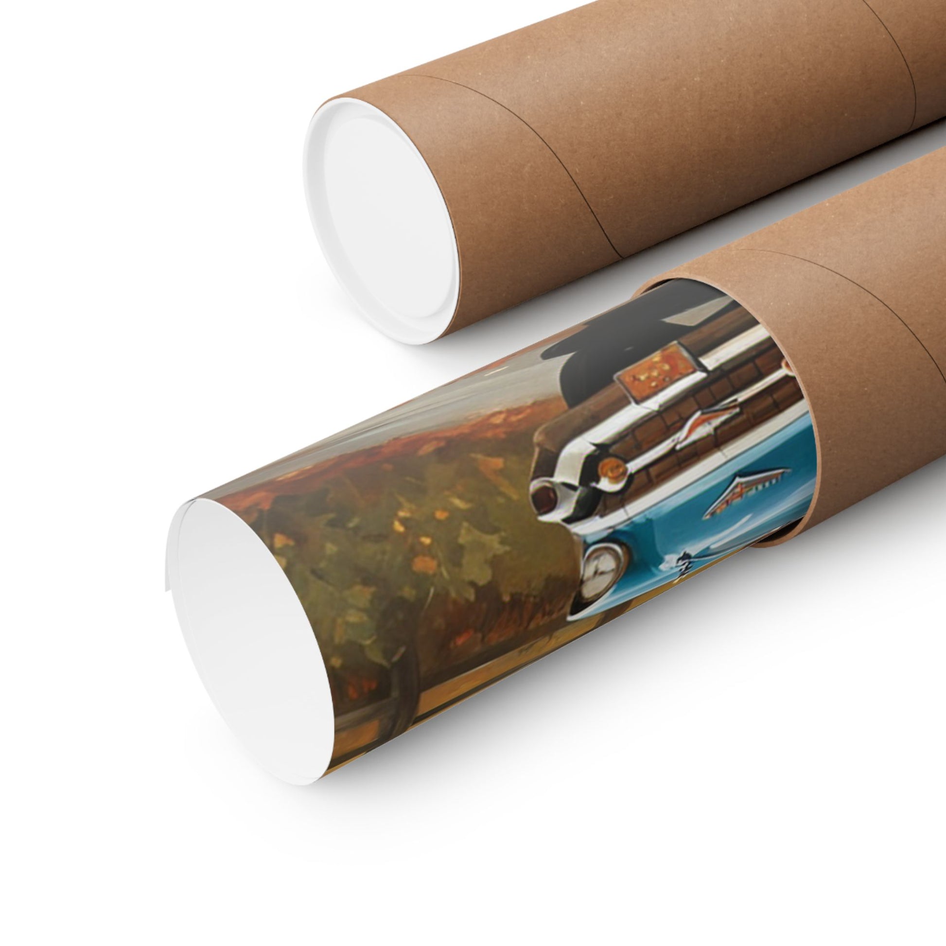 Vintage car autumn poster rolled in a tube with vibrant fall colors and classic car design