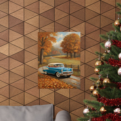 Vintage car autumn poster featuring a classic blue car on a leaf-covered road in a colorful autumn setting