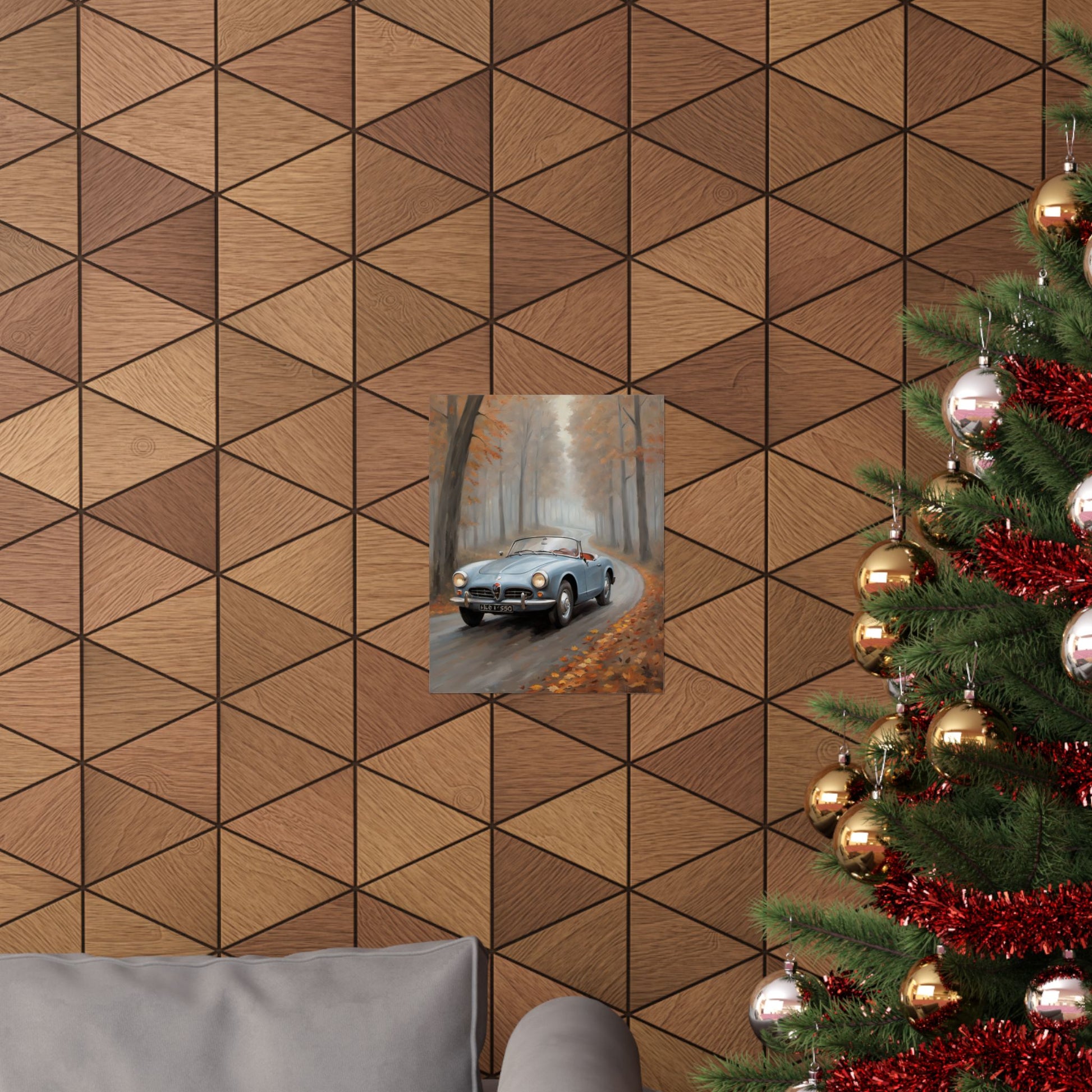 Vintage Car Autumn Poster featuring a classic car driving on a tree-lined road with fall foliage