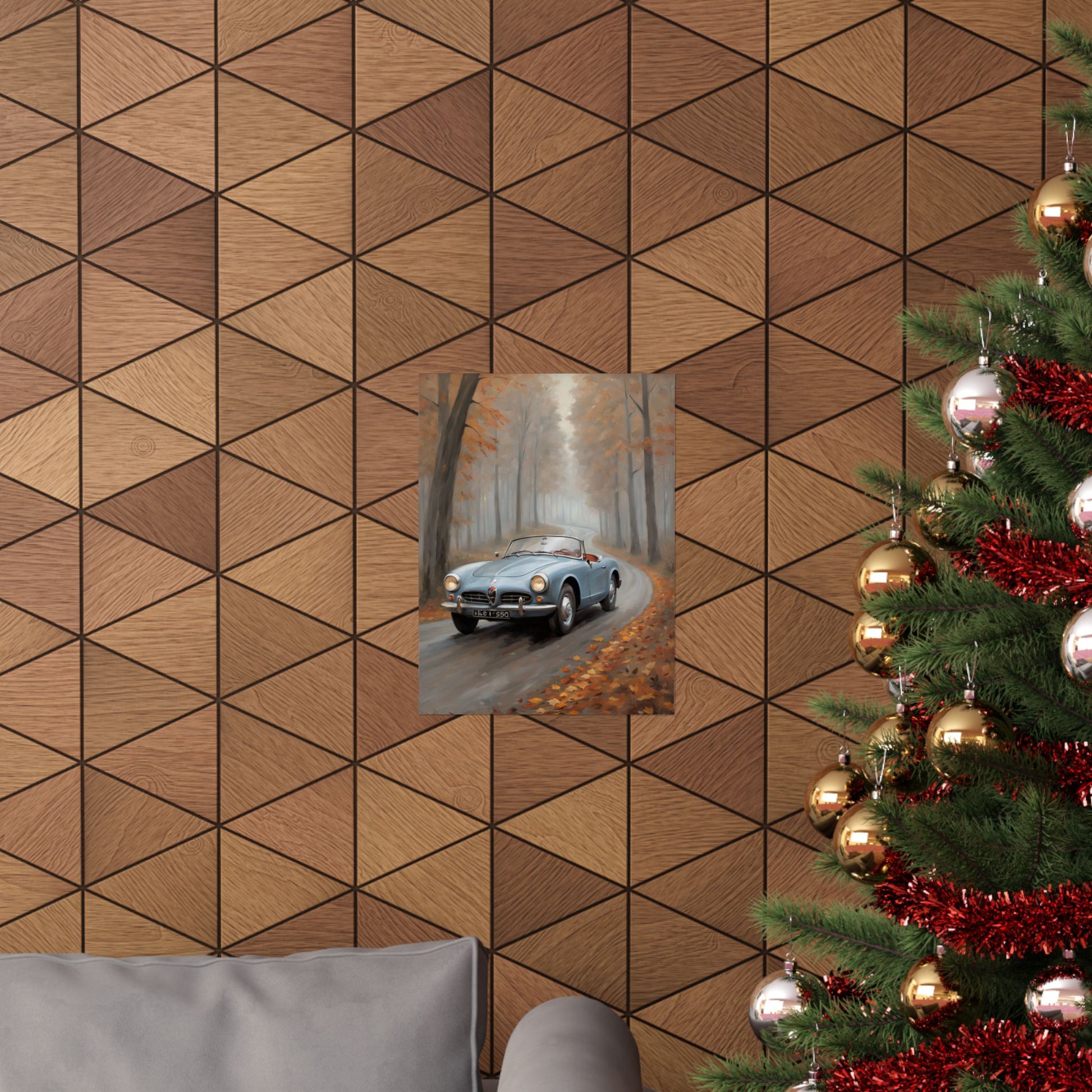 Vintage Car Autumn Poster featuring a classic car on a tree-lined road with fallen leaves