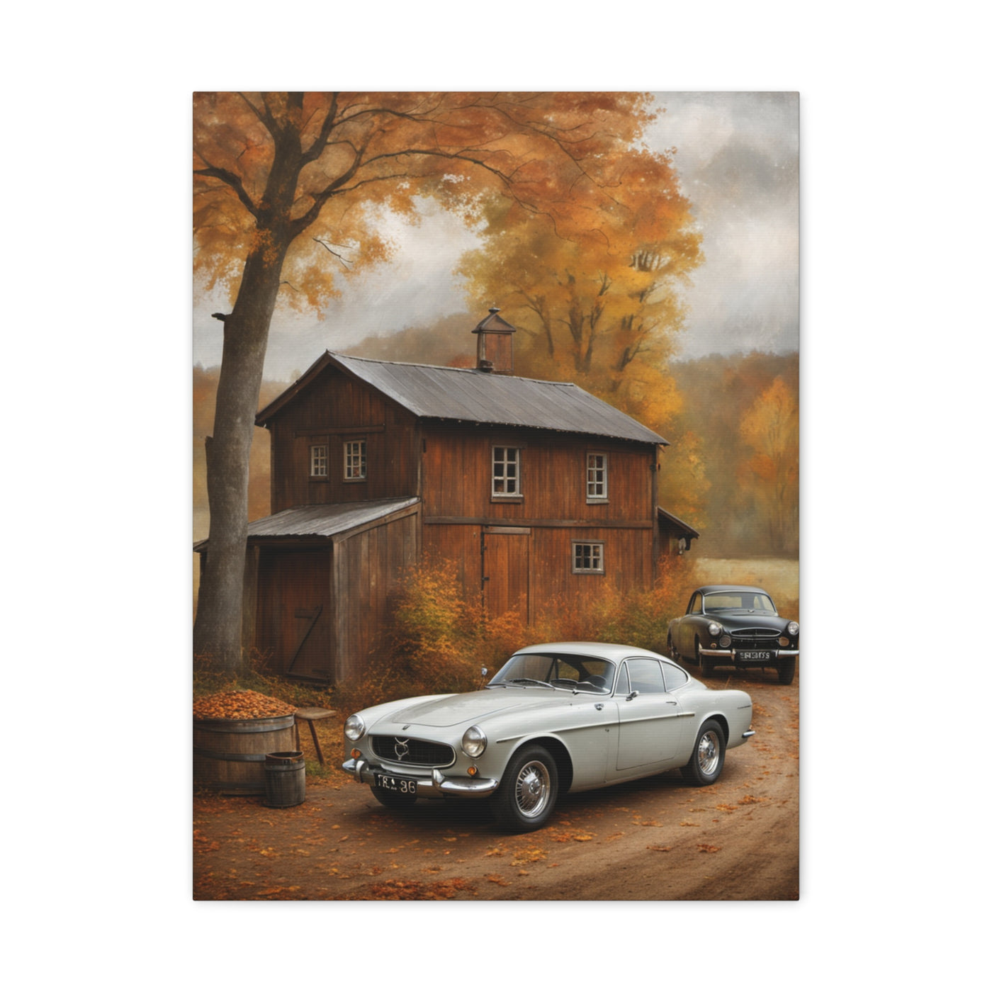Autumn Vintage Car Canvas featuring a classic car by a rustic wooden barn surrounded by fall foliage