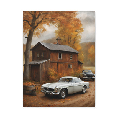 Autumn Vintage Car Canvas featuring a classic car by a rustic wooden barn surrounded by fall foliage