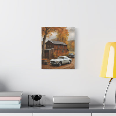 Autumn Vintage Car Canvas featuring a classic car in a scenic autumn setting with a rustic house
