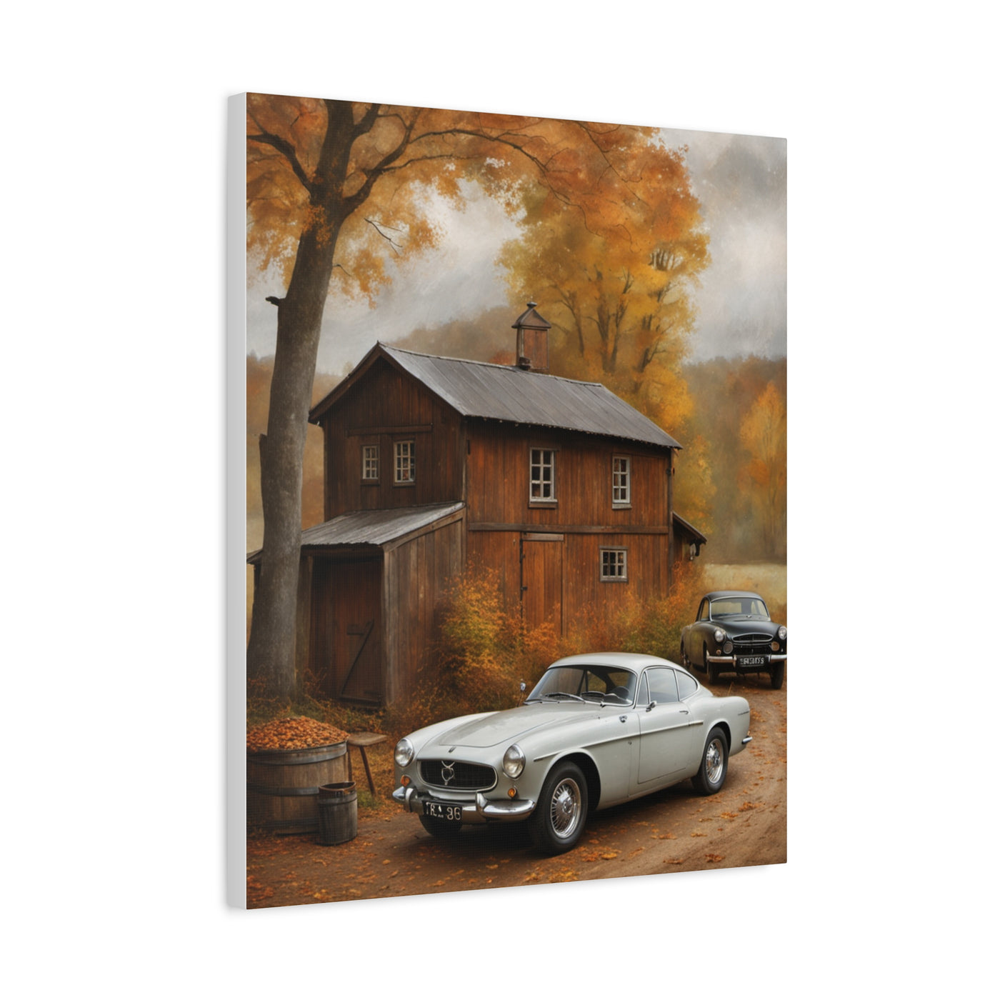 Autumn Vintage Car Canvas featuring classic cars near a rustic cabin amidst fall foliage
