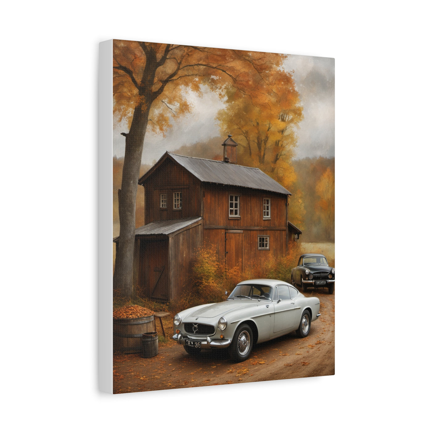 Autumn Vintage Car Canvas featuring classic cars and an autumn landscape with colorful trees