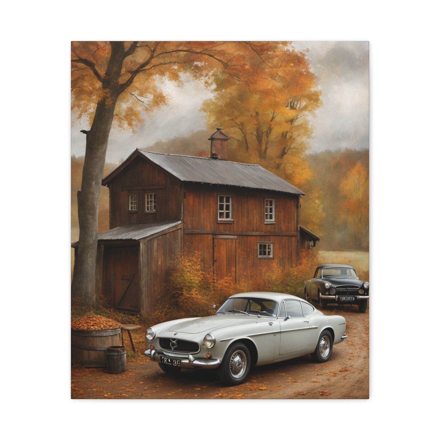 Autumn Vintage Car Canvas featuring classic cars near a rustic house in vibrant fall foliage