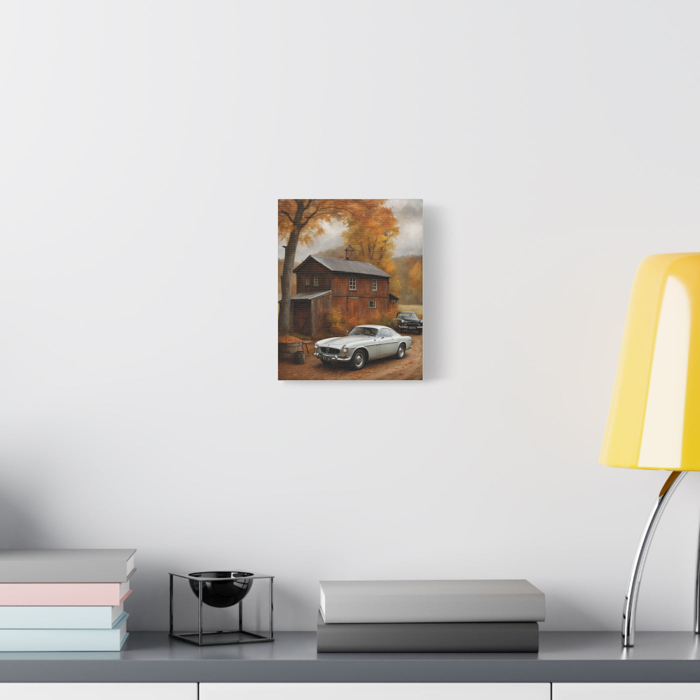 Autumn Vintage Car Canvas featuring classic cars near a cabin surrounded by fall foliage