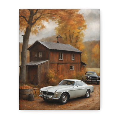 Autumn Vintage Car Canvas featuring classic cars near a cozy wooden cabin in fall scenery