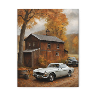 Autumn Vintage Car Canvas featuring classic cars near a rustic wooden barn in a fall landscape