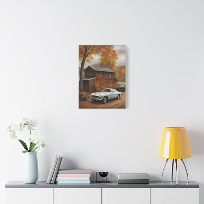 Autumn Vintage Car Canvas featuring a classic car parked near a cozy cabin surrounded by fall foliage