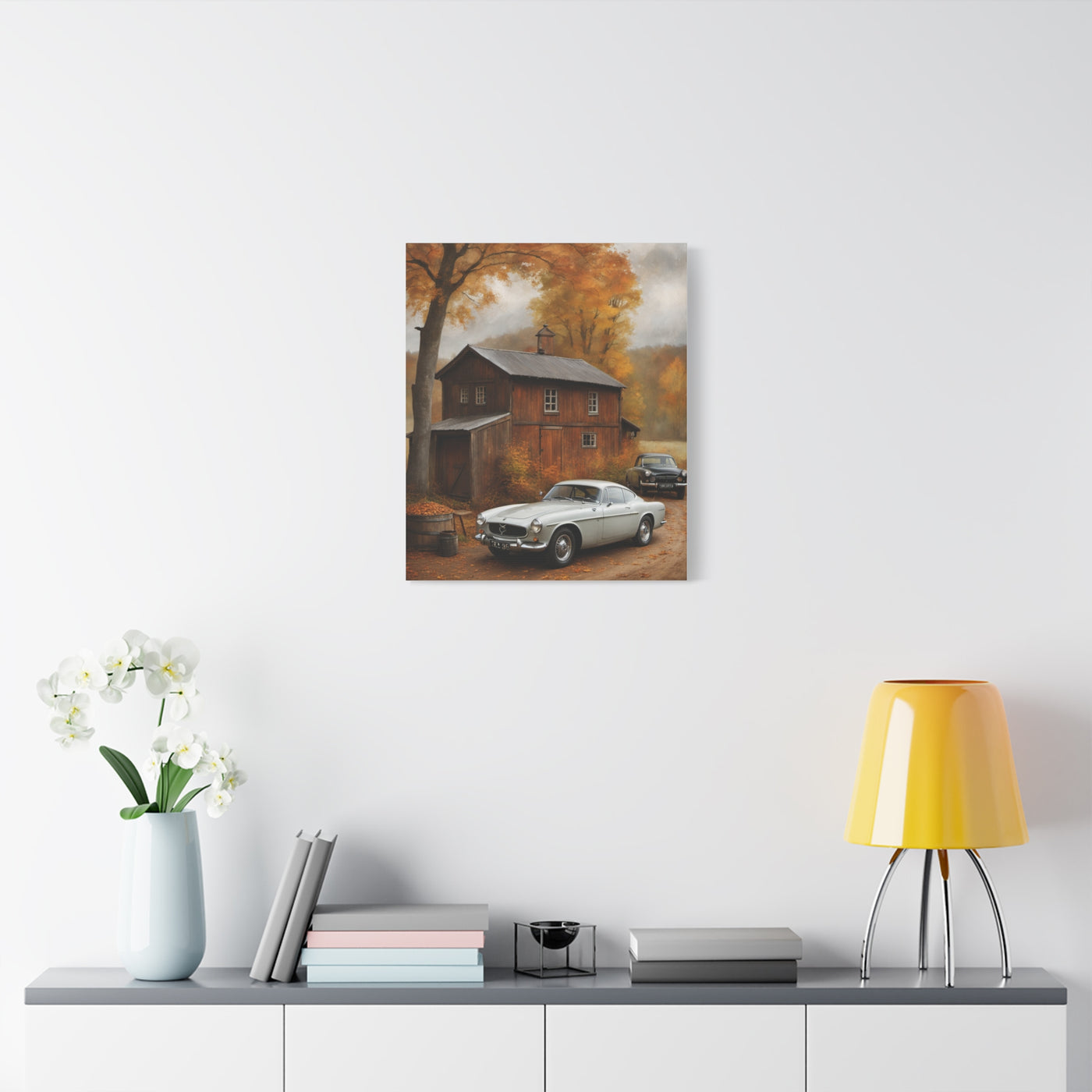 Autumn Vintage Car Canvas featuring a classic car by a rustic house surrounded by fall foliage