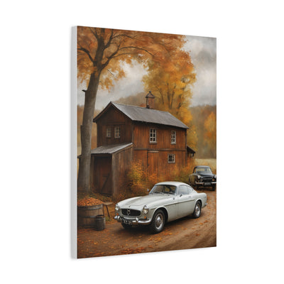 Autumn Vintage Car Canvas featuring classic cars parked by a rustic cabin surrounded by fall foliage