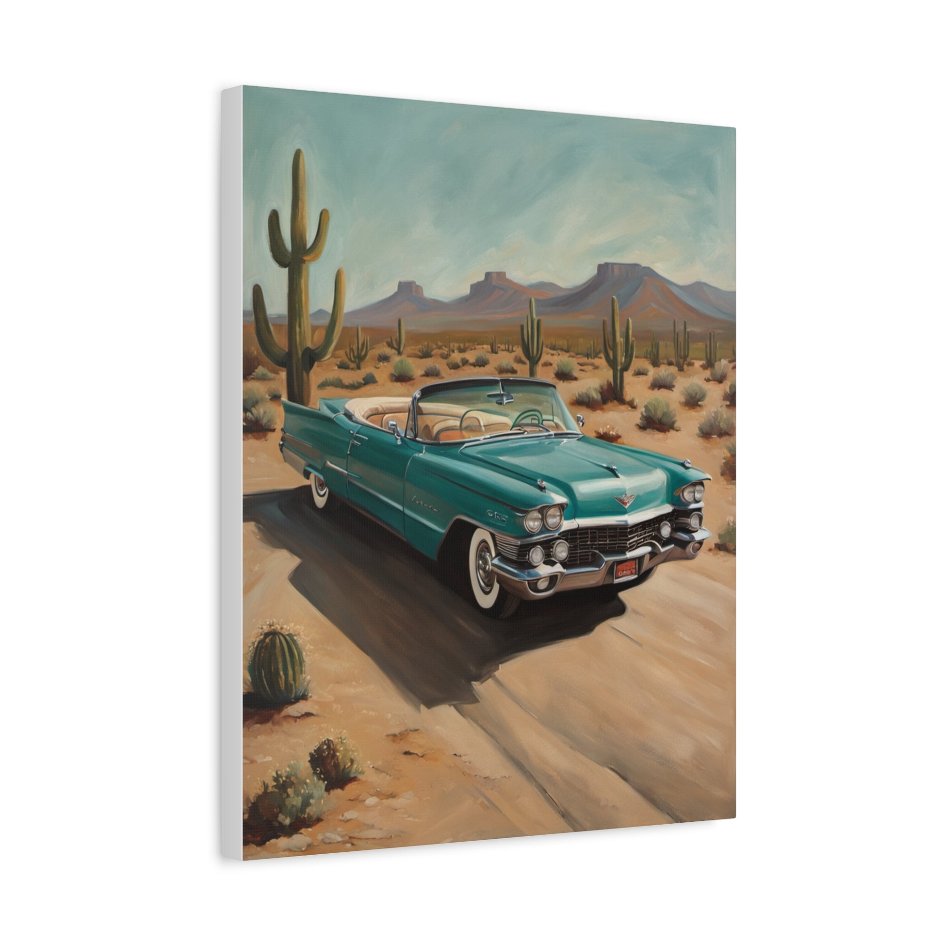 Vintage Car Canvas Art featuring a classic convertible in a desert landscape