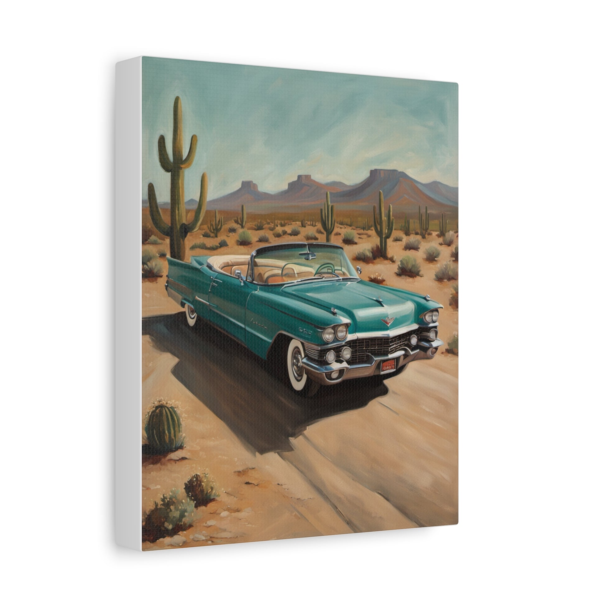 Vintage Car Canvas Art featuring a classic convertible in a desert landscape with cacti