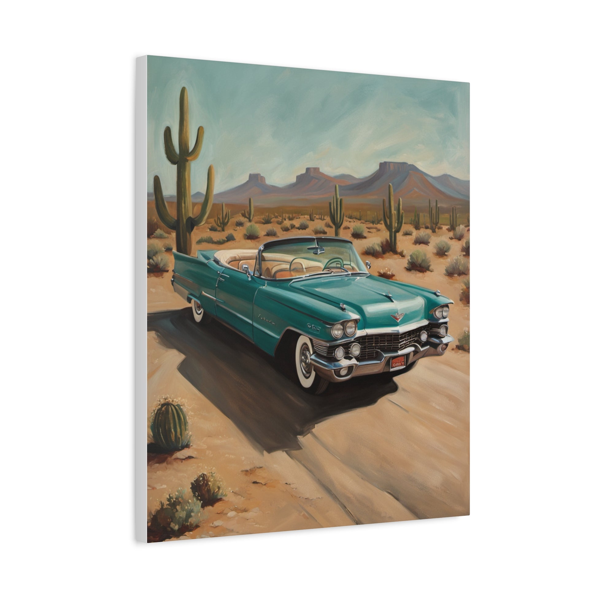 Vintage Car Canvas Art featuring a classic turquoise convertible on a desert road