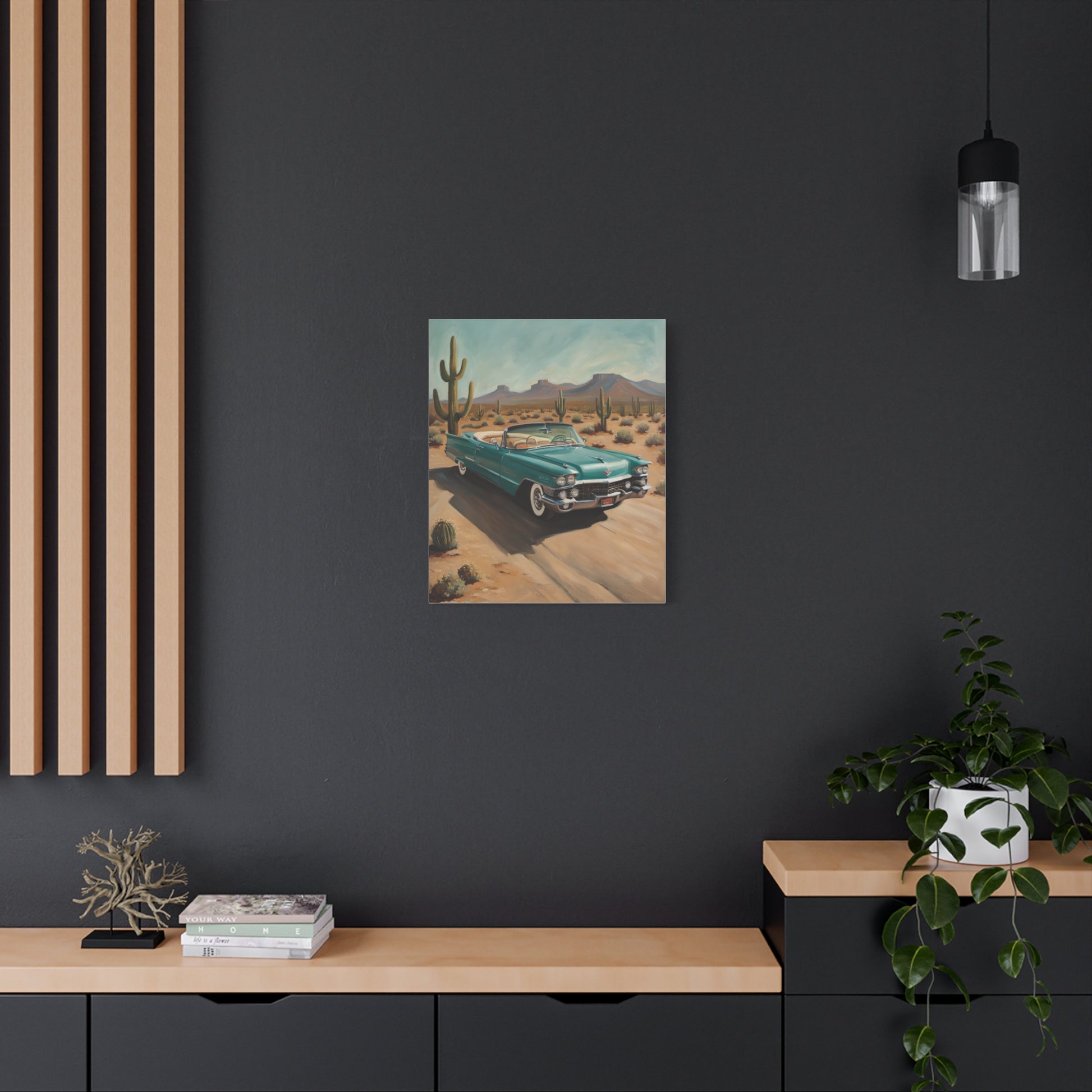 Vintage Car Canvas Art featuring a classic car on a desert road with mountains in the background
