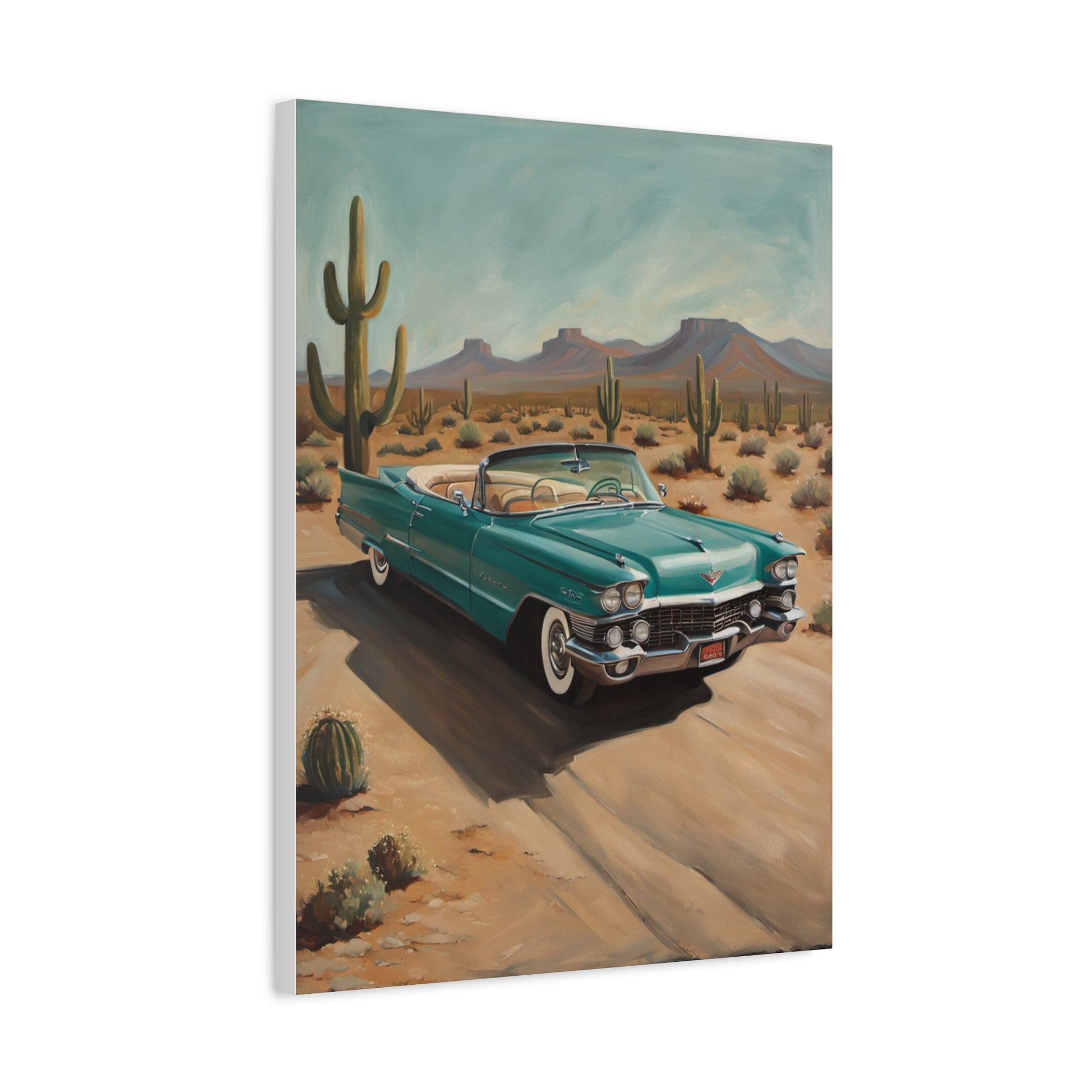 Vintage Car Canvas Art featuring a teal classic car on a desert road with cacti