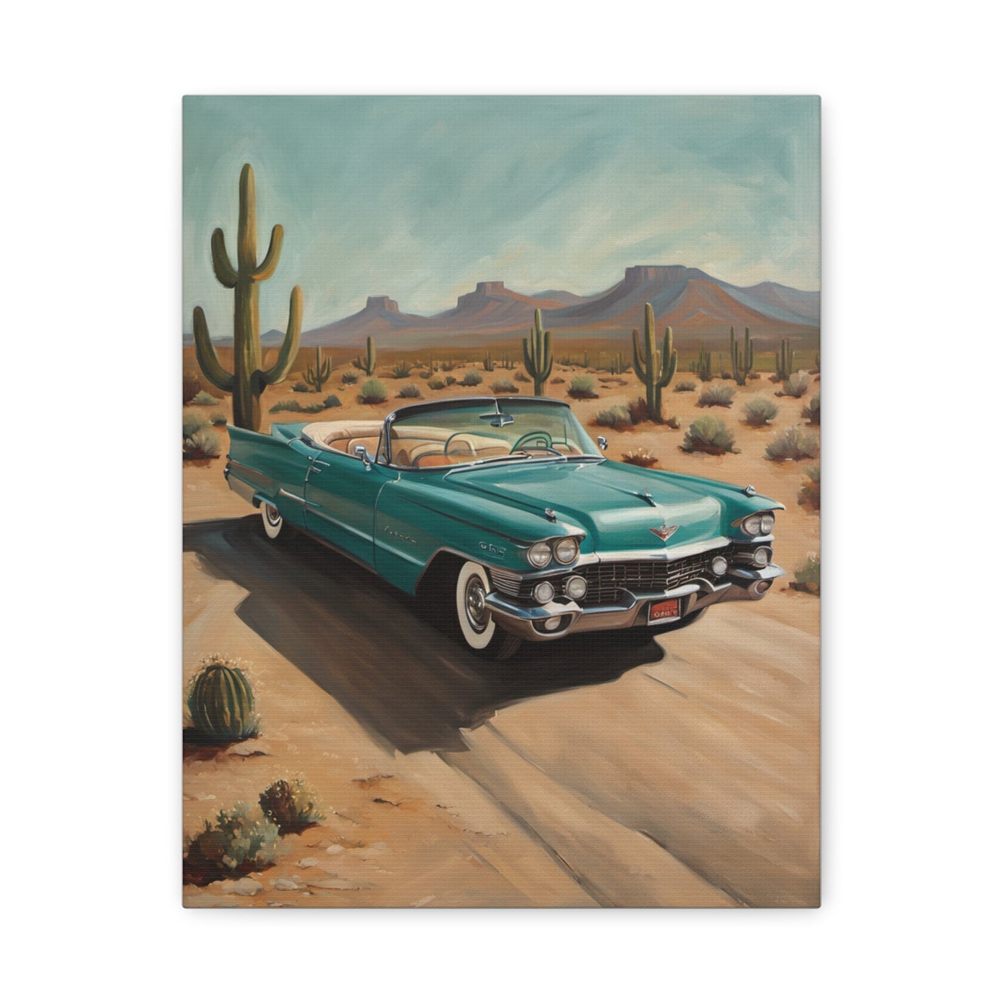 Vintage Car Canvas Art featuring a turquoise classic car in a desert landscape with cacti