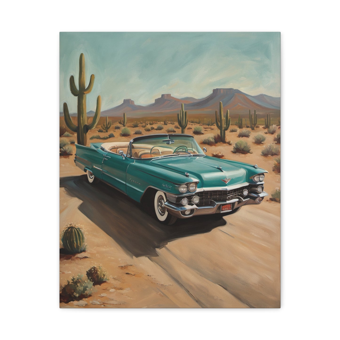 Vintage Car Canvas Art featuring a nostalgic turquoise convertible in a desert landscape