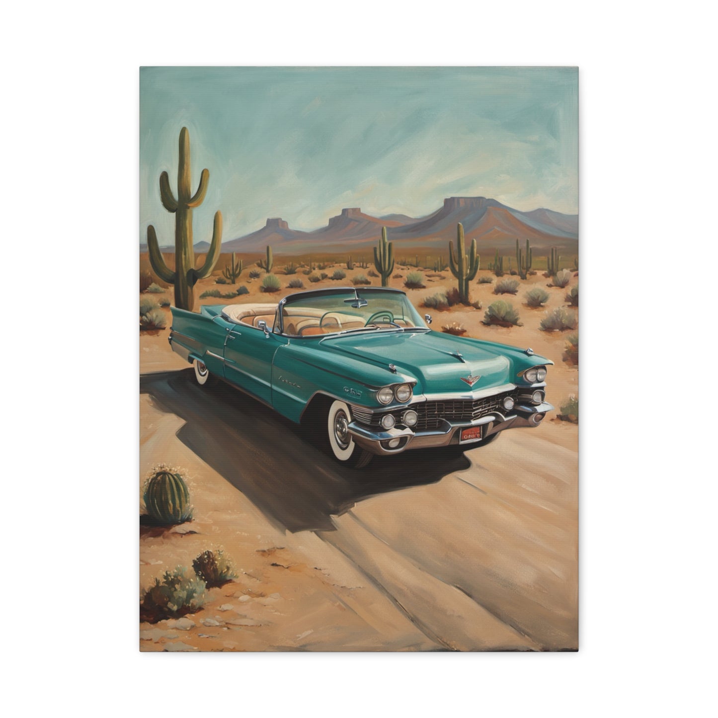 Vintage Car Canvas Art featuring a turquoise convertible in a desert landscape