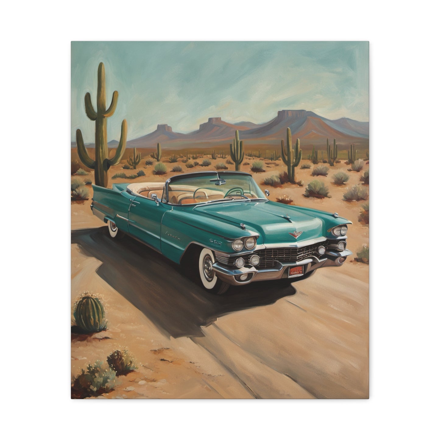 Vintage Car Canvas Art featuring a vintage turquoise convertible in a desert landscape