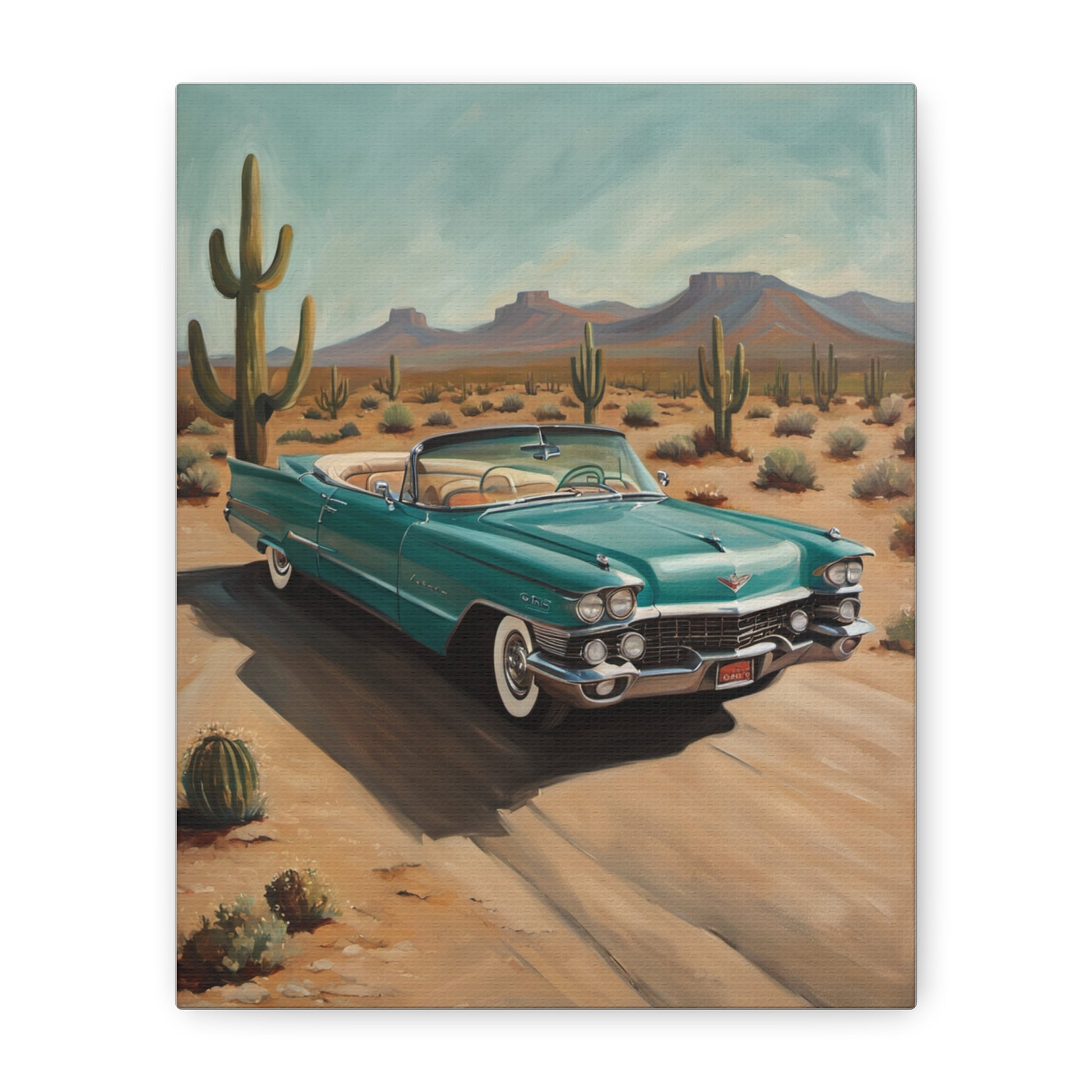 Vintage Car Canvas Art featuring a turquoise retro car in a desert landscape with cacti