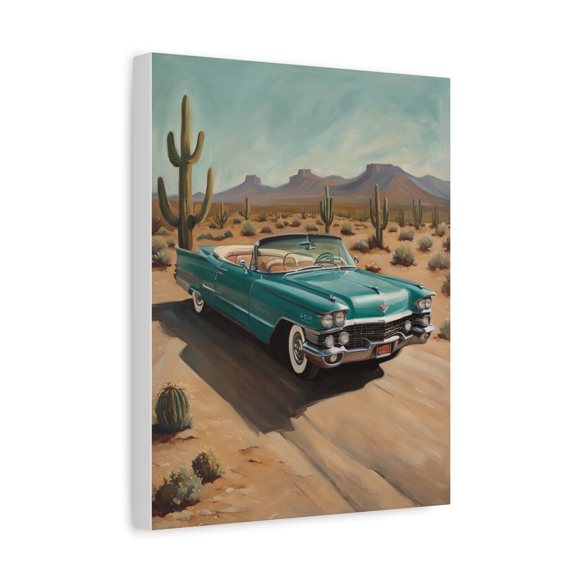 Vintage Car Canvas Art featuring a classic turquoise convertible in a desert landscape