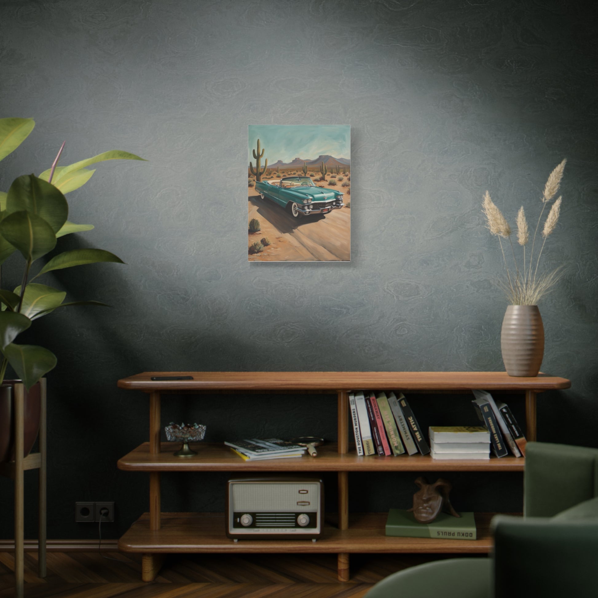 Vintage Car Canvas Art depicting a classic car in a desert landscape with cacti