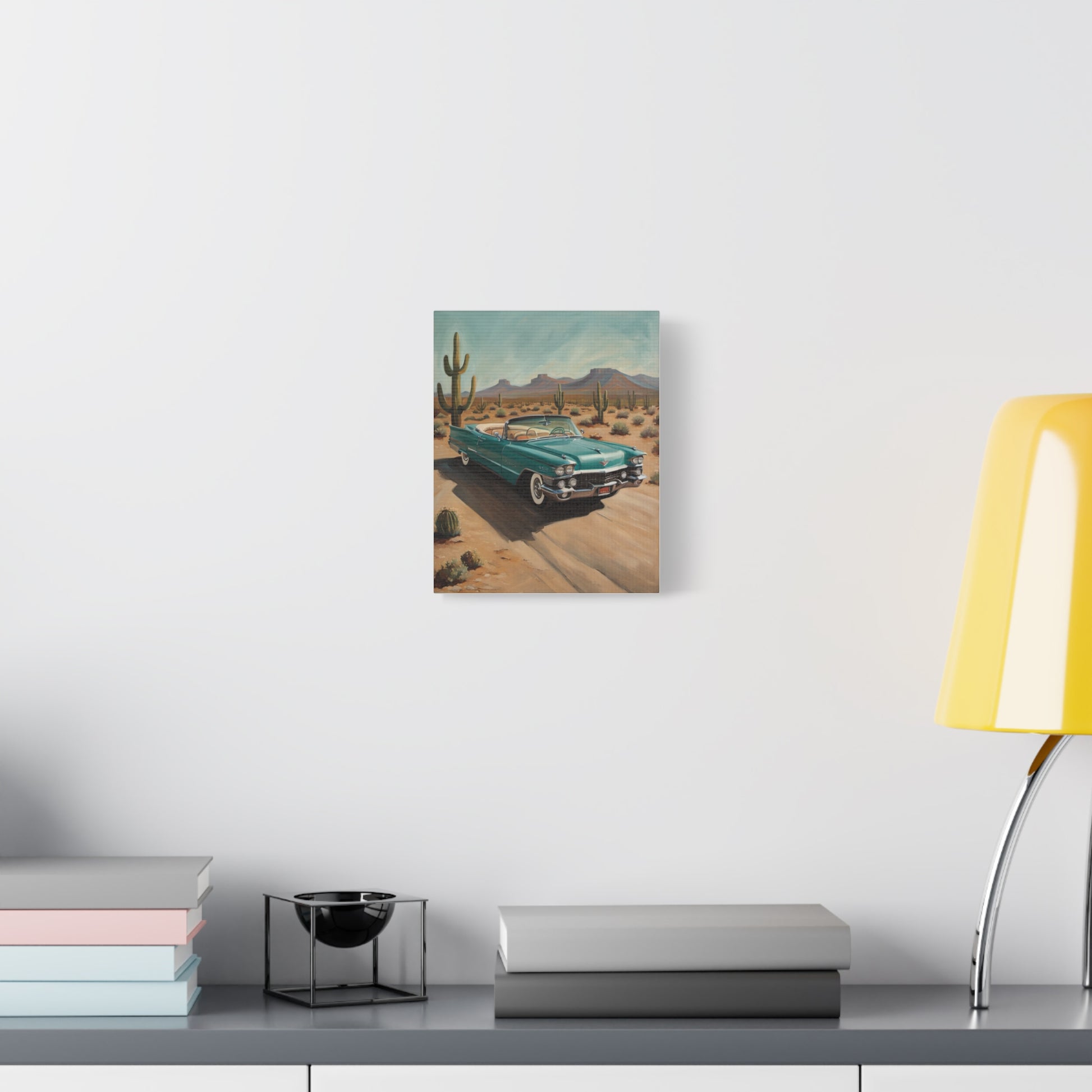 Vintage Car Canvas Art featuring a old car on a desert road with mountains in the background